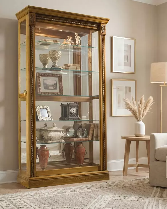 20484 Warm Honey Brown Two Way Sliding Door Curio Cabinet