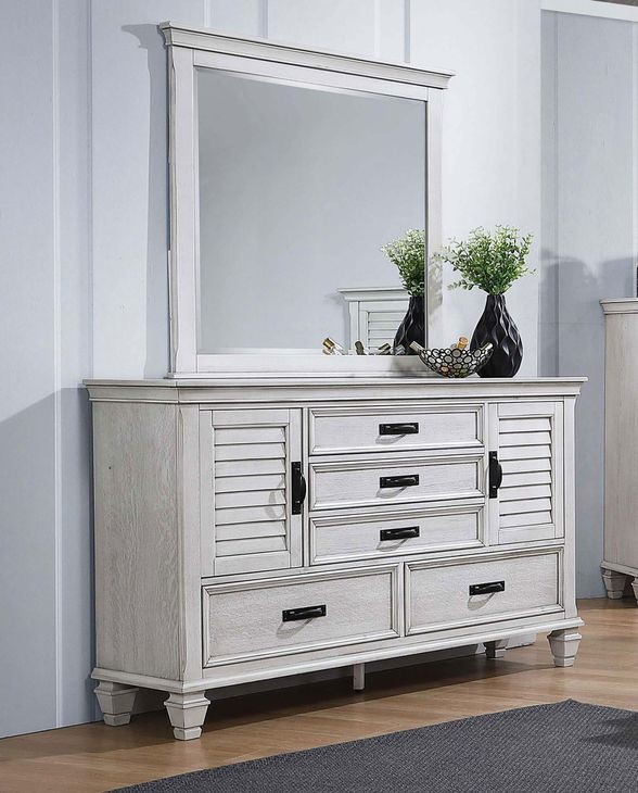 Franco Distressed White 5 Drawer Dresser with Mirror