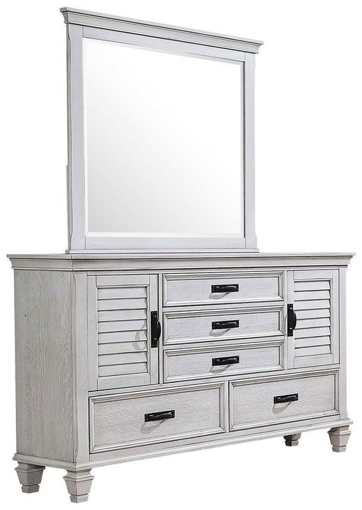 Franco Distressed White 5 Drawer Dresser with Mirror