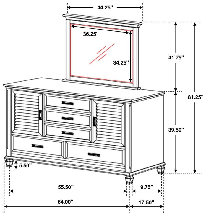 Franco Distressed White 5 Drawer Dresser with Mirror