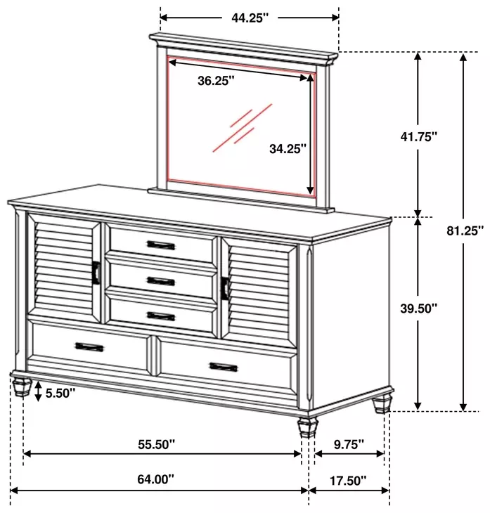 Franco Distressed White 5 Drawer Dresser with Mirror
