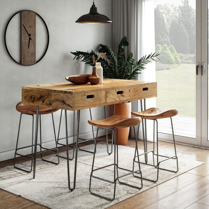 Rollins Natural 5 Piece Counter Height Dining Set with Storage USB Charging