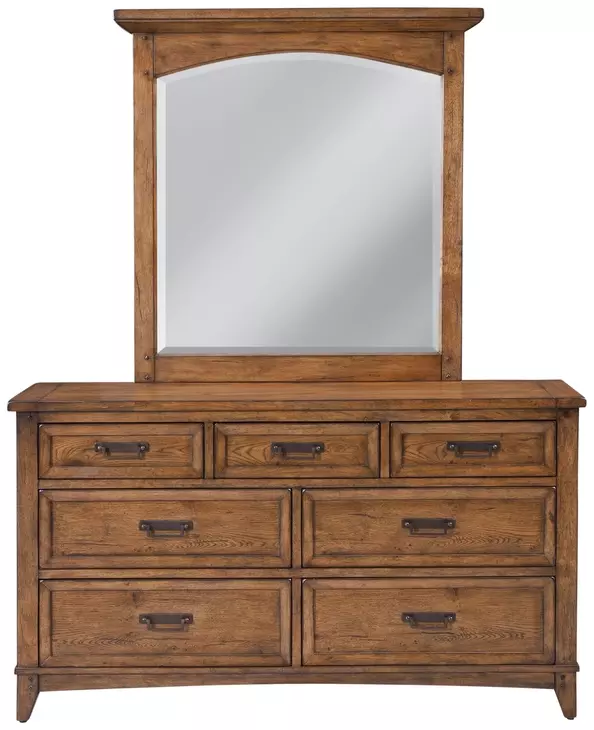 Oakdale Honey Oak 7 Drawer Dresser and Rectangular Mirror