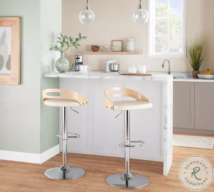 Cassis Cream PU And Chrome With Natural Wood Adjustable Swivel Bar Stool
