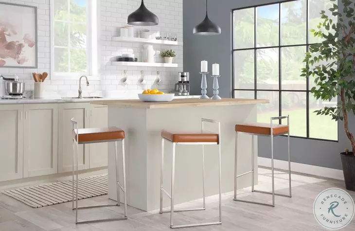 Fuji Camel PU And Brushed Stainless Steel Stacker Counter Height Stool Set of 2