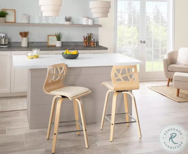 Folia Cream PU And Chrome With Natural Wood Counter Height Stool Set of 2