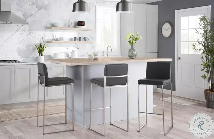 Fuji Grey PU And Stainless Steel High Back Bar Stool Set of 2