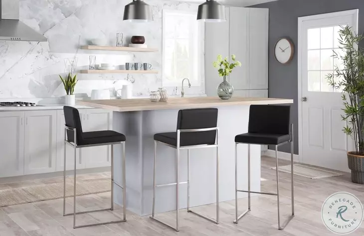 Fuji Black PU And Stainless Steel High Back Bar Stool Set of 2