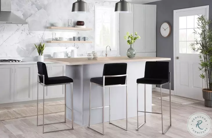 Fuji Black Velvet And Stainless Steel High Back Bar Stool Set of 2
