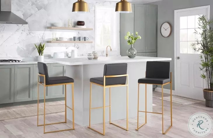 Fuji Grey PU And Gold Steel High Back Bar Stool Set of 2