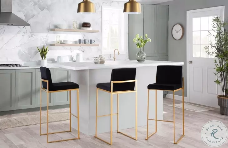 Fuji Black Velvet And Gold Steel High Back Bar Stool Set of 2