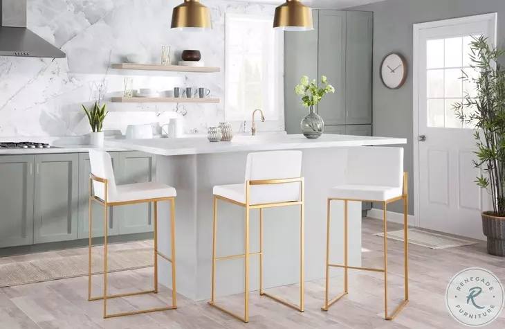 Fuji White Velvet And Gold Steel High Back Bar Stool Set of 2