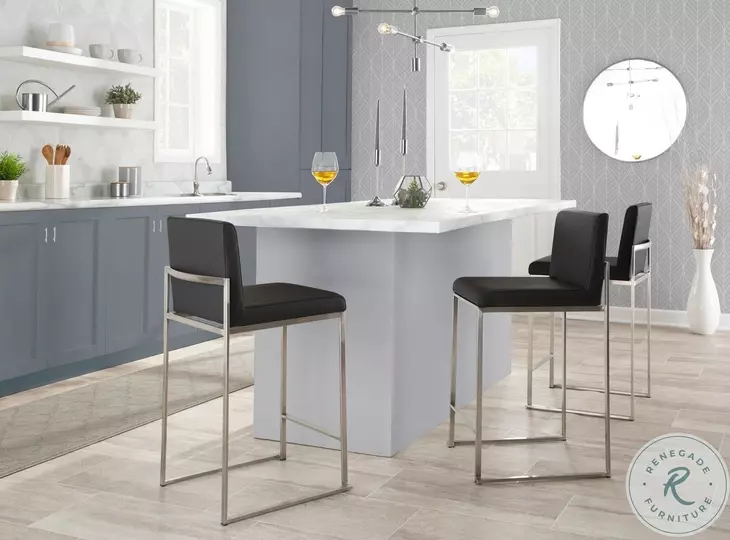 Fuji Black PU And Stainless Steel High Back Counter Height Stool Set of 2