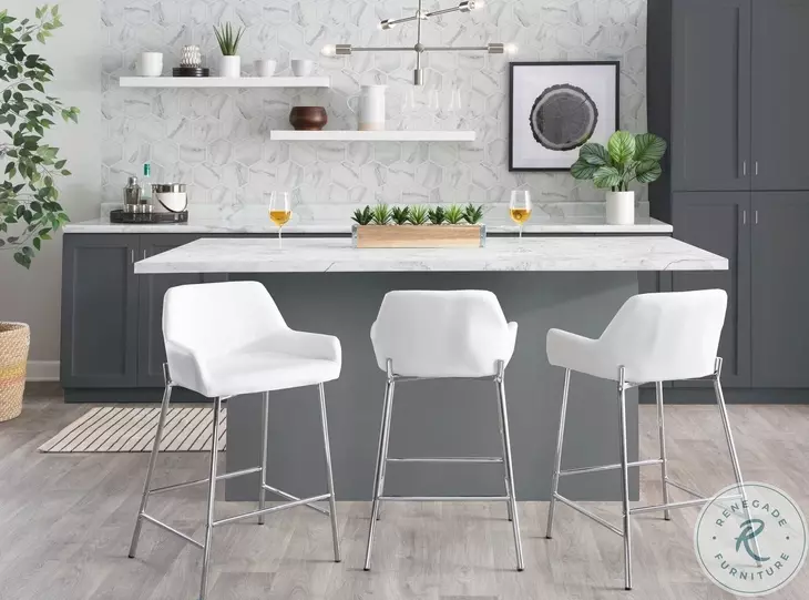 Daniella White PU And Chrome Metal Counter Height Stool Set of 2