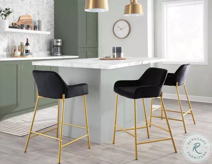 Daniella Black Velvet And Gold Metal Counter Height Stool Set of 2