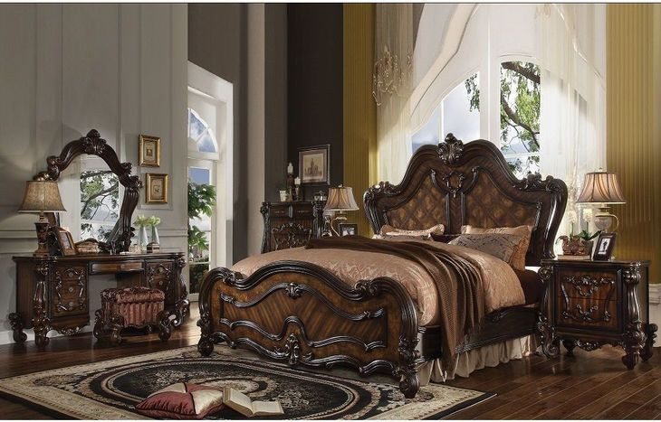 Versailles Cherry Oak Upholstered Vanity Stool with Nailhead Trim