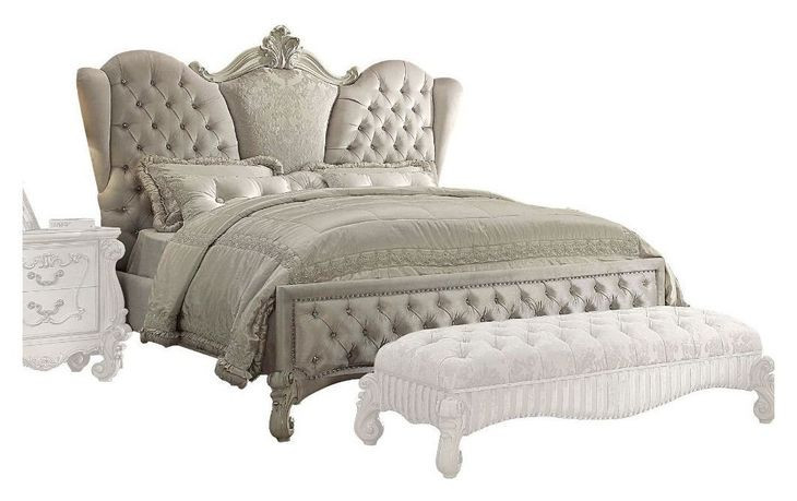 Versailles Ivory and Bone White King Upholstered Panel Bed with Nailhead Trim