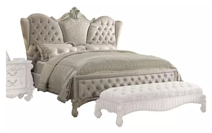 Versailles Ivory and Bone White King Upholstered Panel Bed with Nailhead Trim