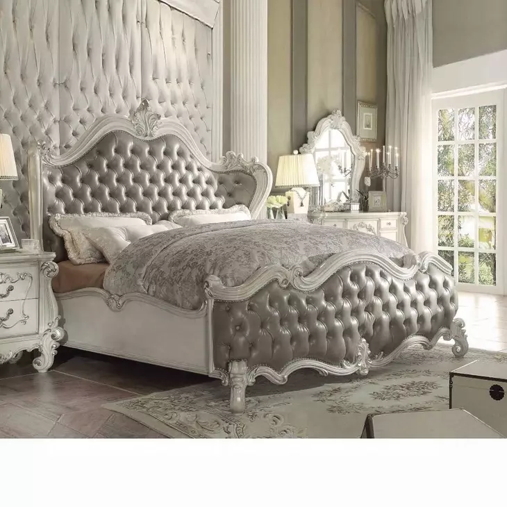 Versailles Vintage Gray and Bone White Queen Upholstered Panel Bed with Nailhead Trim