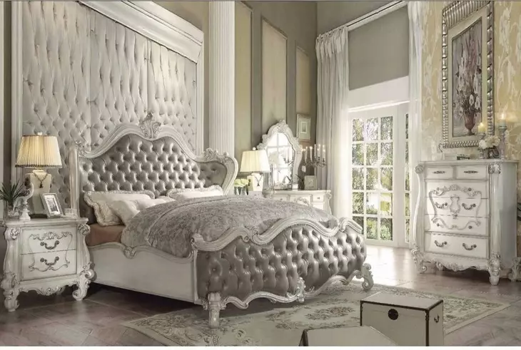 Versailles Vintage Gray and Bone White Queen Upholstered Panel Bed with Nailhead Trim