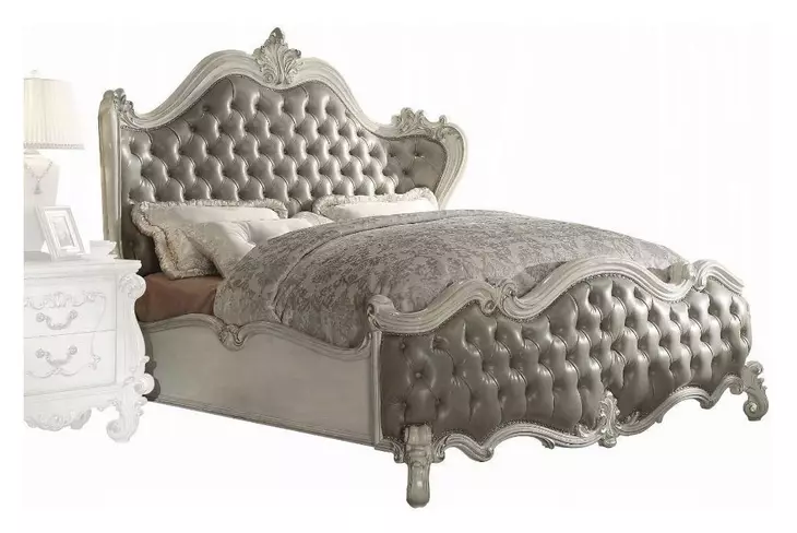 Versailles Vintage Gray and Bone White Queen Upholstered Panel Bed with Nailhead Trim