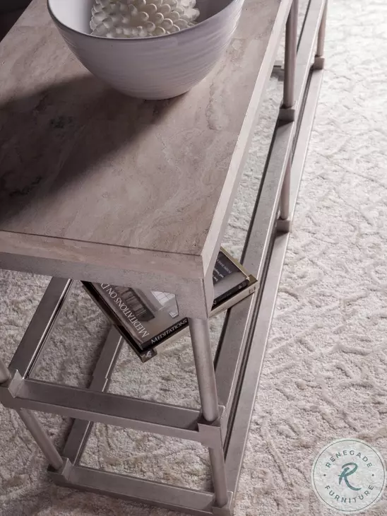 Signature Designs Sand Travertine And Antiqued Silver Leaf Topa Console Table