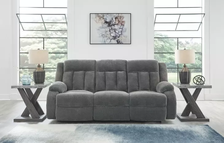 Greely Bend Steel 85" Power Reclining Sofa with Drop Down Table and USB Charging