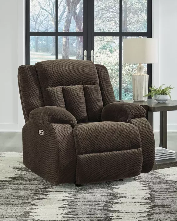 Greely Bend Chocolate Rocker Power Recliner with USB Charging