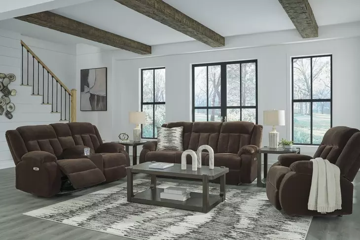 Greely Bend Chocolate Power Reclining Living Room Set with Drop Down Table and USB Charging