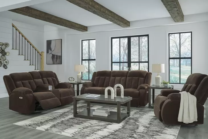 Greely Bend Chocolate Power Reclining Living Room Set with Drop Down Table and USB Charging