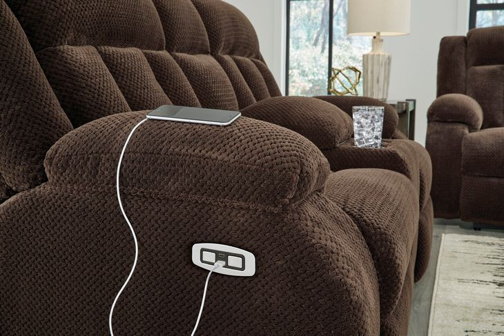 Free Wake Chocolate Power Reclining Living Room Set with Drop Down Table and USB Charging