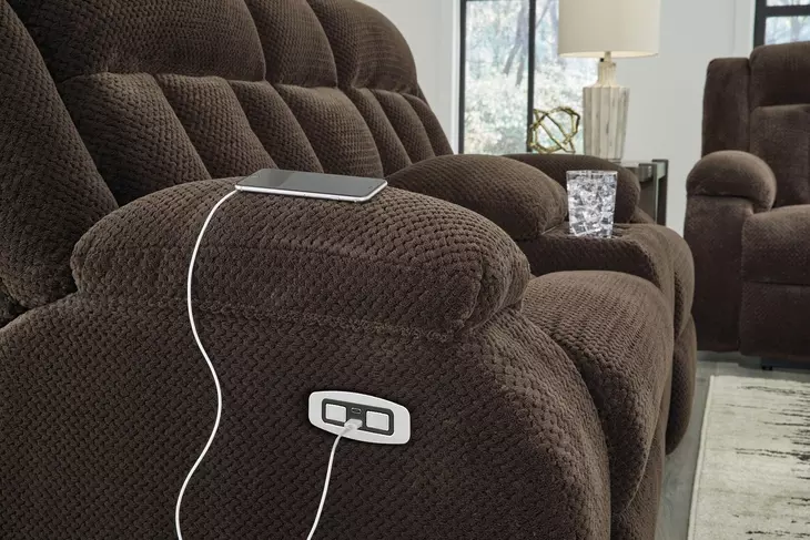 Greely Bend Chocolate Power Reclining Living Room Set with Drop Down Table and USB Charging