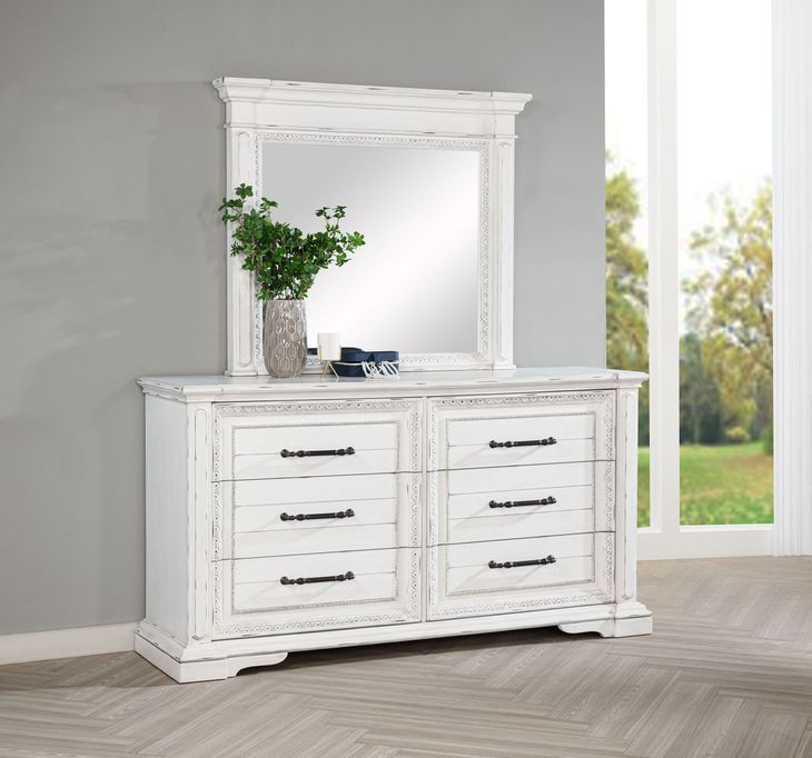 McKinney Vintage White 6 Drawer Dresser with Mirror