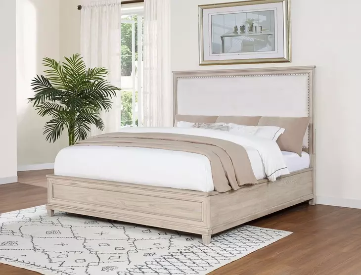 Pembroke Washed Oak and Cream King Upholstered Panel Bed with Nailhead Trim