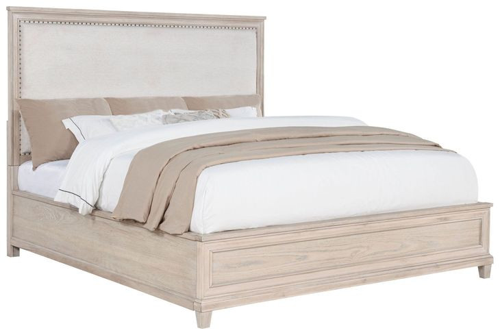 Pembroke Washed Oak and Cream King Upholstered Panel Bed with Nailhead Trim
