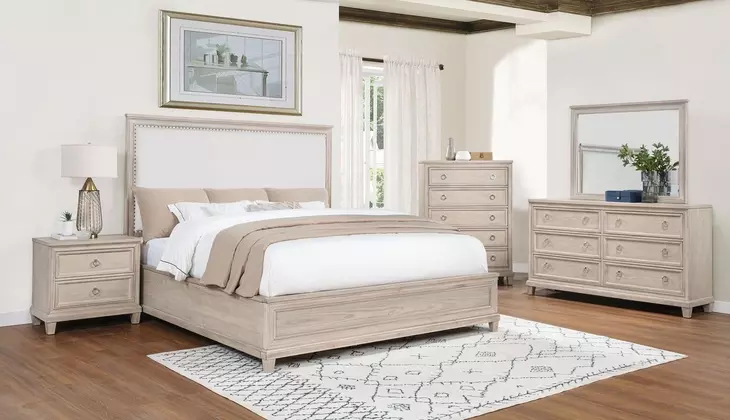 Pembroke Washed Oak and Cream Upholstered Panel Bedroom Set with Nailhead Trim