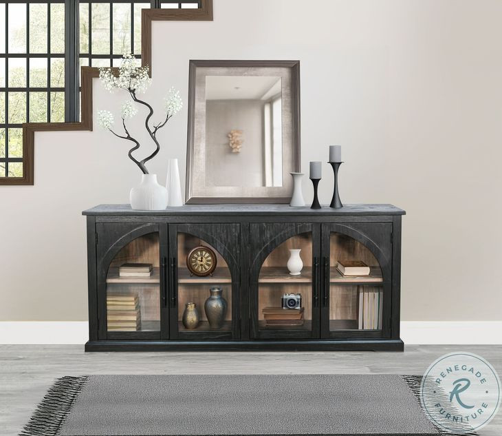 Sagewyn Natural Black Wood 4 Arched Glass Door Accent Cabinet
