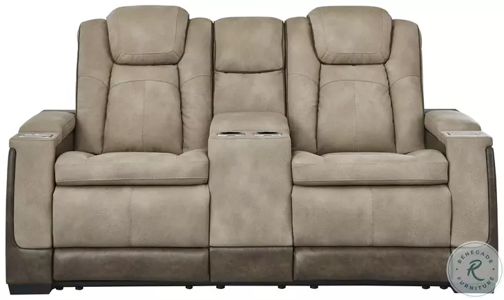 Next-Gen DuraPella Sand Performance Fabric 75" Power Reclining Console Loveseat With Adjustable Headrest