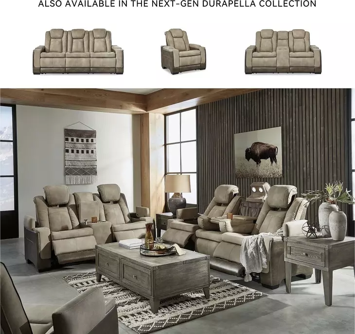 Next-Gen DuraPella Sand Performance Fabric Power Recliner With Adjustable Headrest
