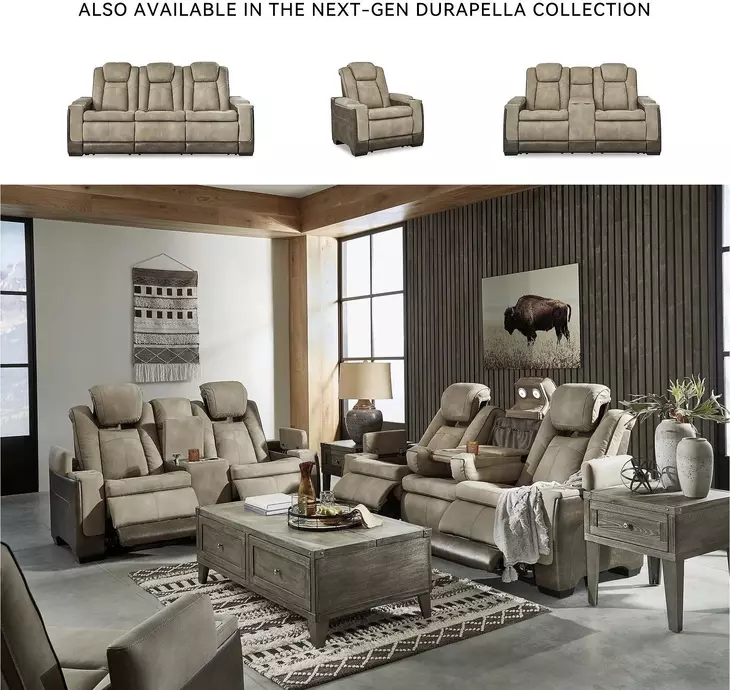 Next-Gen DuraPella Sand Performance Fabric 86" Power Reclining Sofa With Adjustable Headrest
