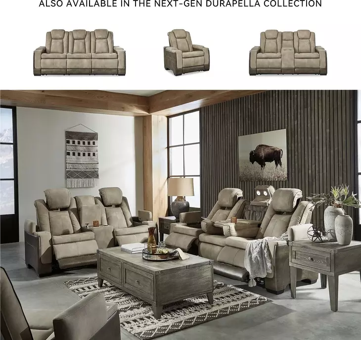 Next-Gen DuraPella Sand Performance Fabric 75" Power Reclining Console Loveseat With Adjustable Headrest