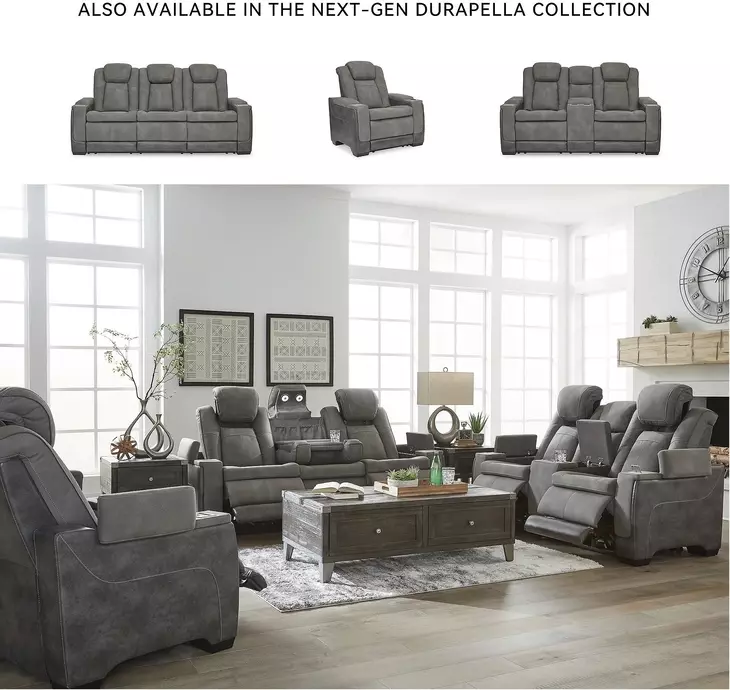 Next-Gen DuraPella Slate Performance Fabric 86" Power Reclining Sofa With Adjustable Headrest