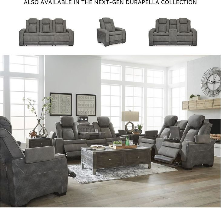 Next-Gen DuraPella Slate Performance Fabric 75" Power Reclining Console Loveseat With Adjustable Headrest