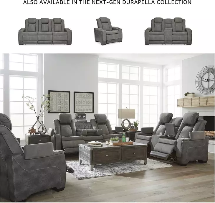 Next-Gen DuraPella Slate Performance Fabric 75" Power Reclining Console Loveseat With Adjustable Headrest