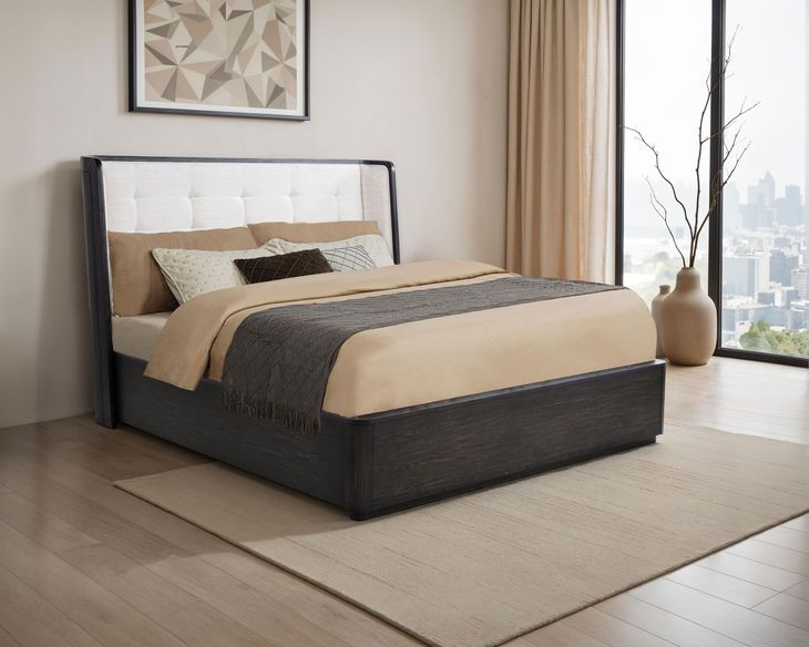 Leandro Burnished Black and Cream King Upholstered Platform Bed