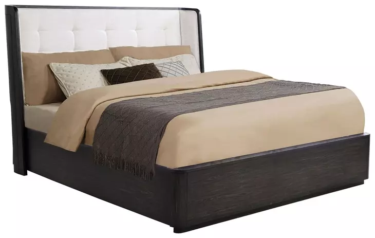 Leandro Burnished Black and Cream California King Upholstered Platform Bed