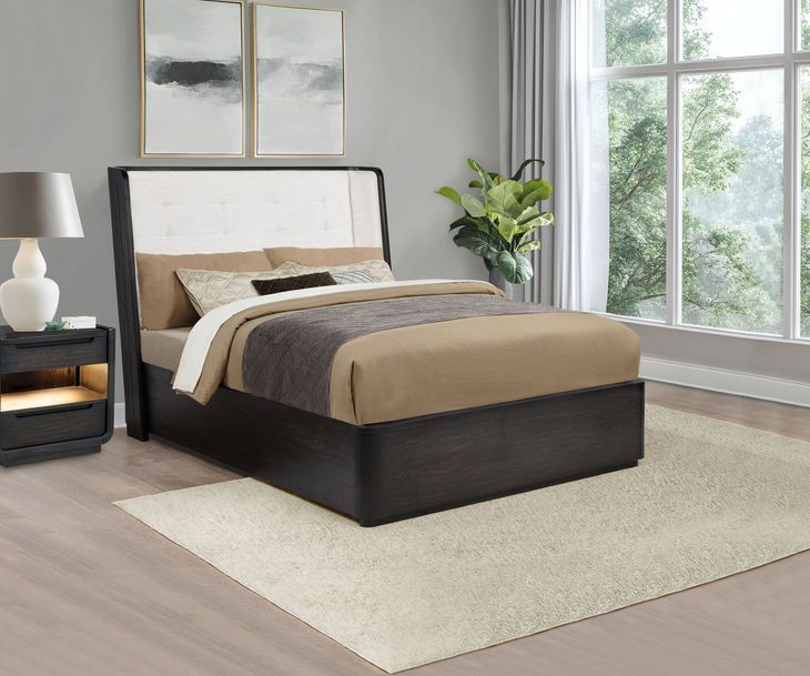 Leandro Burnished Black and Cream Upholstered Platform Bedroom Set