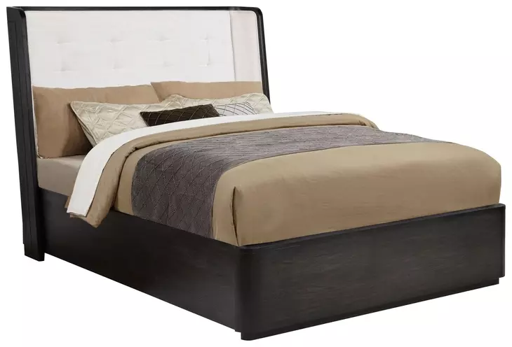 Leandro Burnished Black and Cream Queen Upholstered Platform Bed