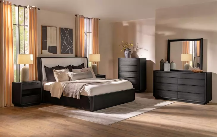 Leandro Burnished Black and Cream Upholstered Platform Bedroom Set