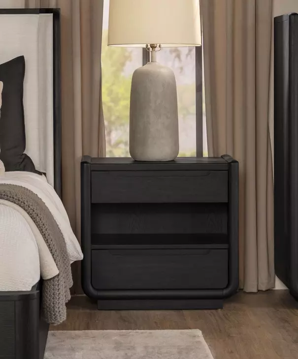 Leandro Burnished Black 2 Drawer Nightstand with LED Light and USB Charging